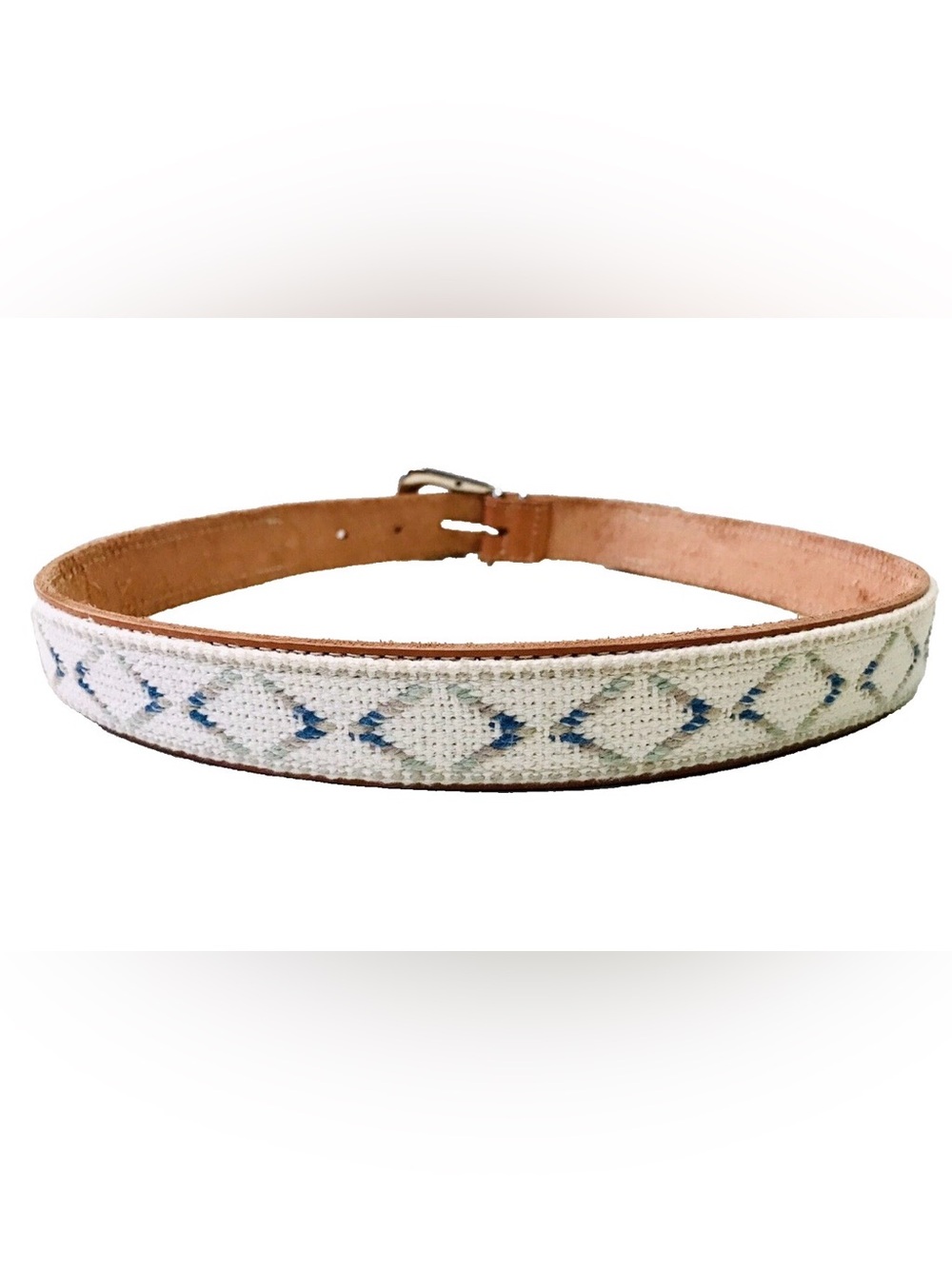 Womens Vintage 1980’s Tan Genuine Leather Woven Fabric Aztec Pattern 26" W Belt